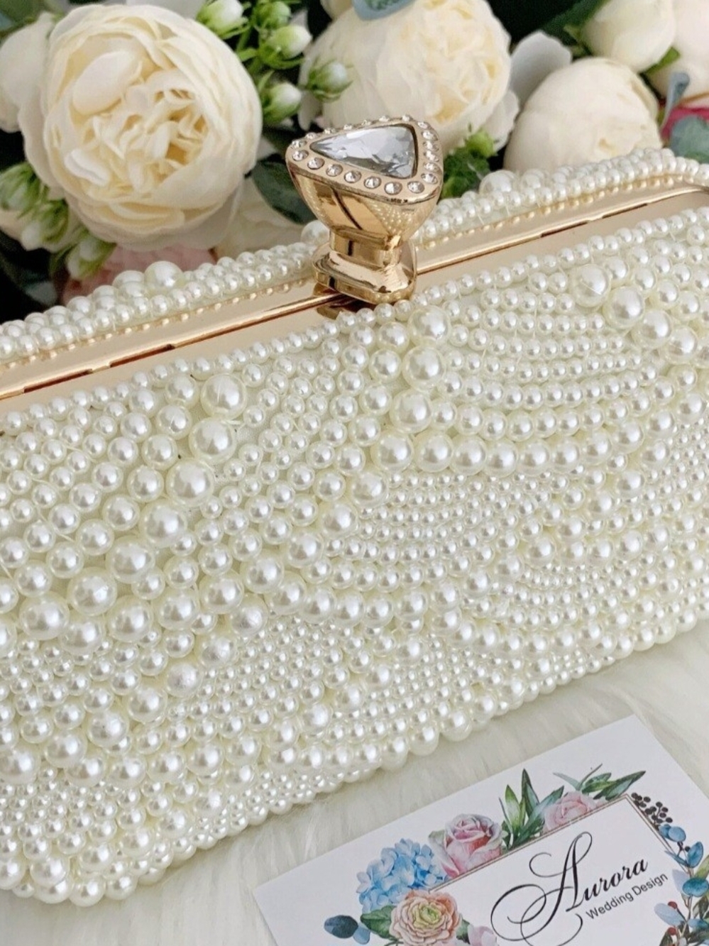 Pearl-Embellished White Clutch Handbag